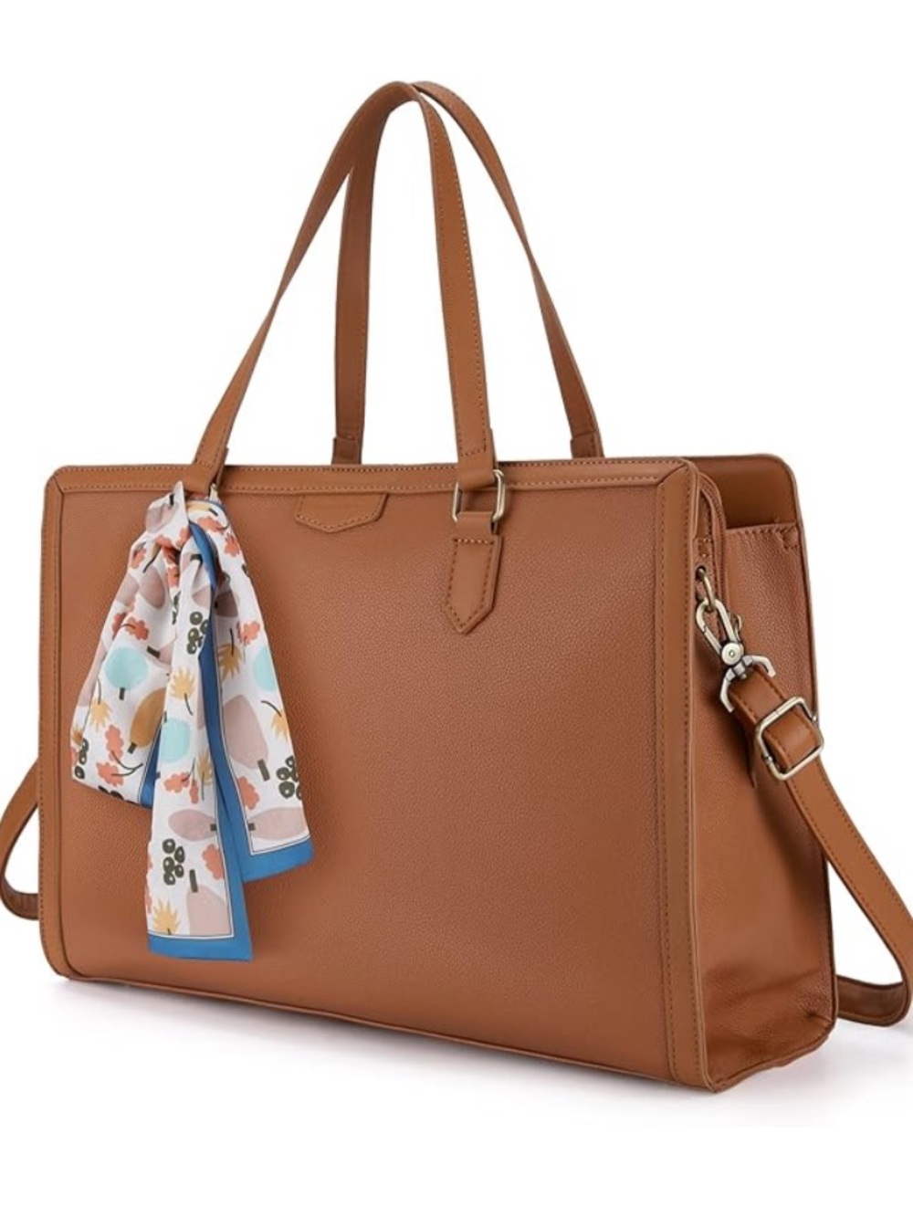 Structured Cognac Tote with Accent Scarf